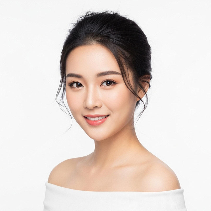 Woman wearing a white off-shoulder top against a plain background