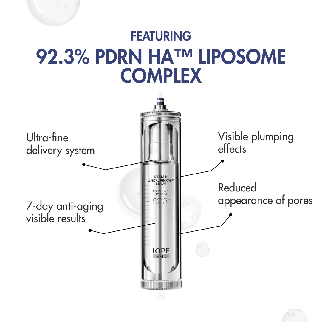 IOPE skincare product with text highlighting PDRN HA liposome complex and product features on a white background.