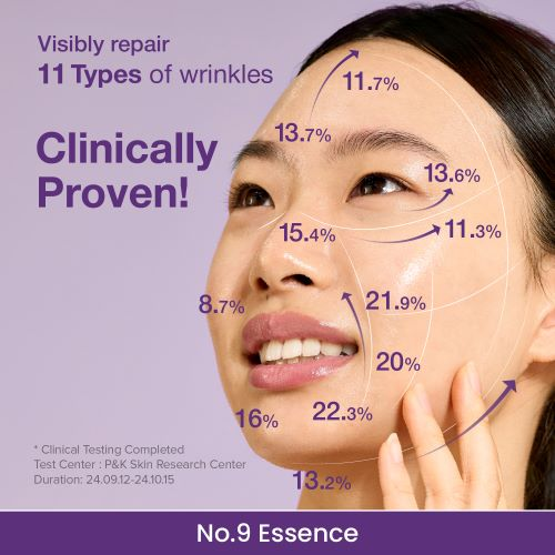 Advertisement for a skincare product showing a woman's face with wrinkle percentages and text about clinically proven effectiveness.