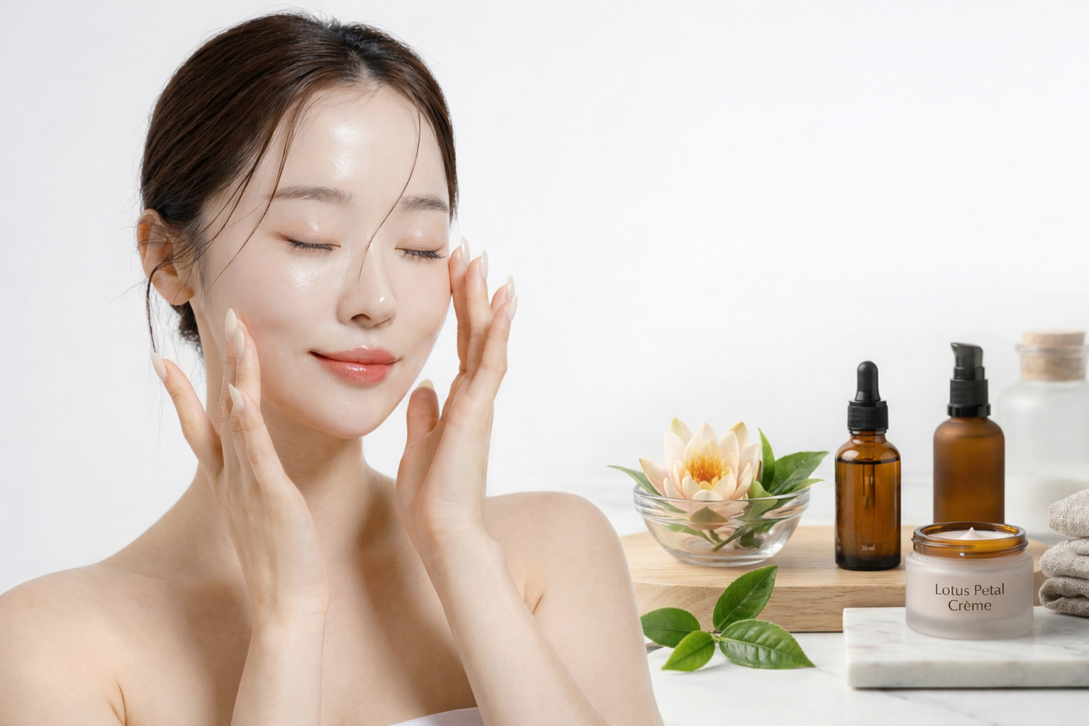 Woman applying cream to her face with skincare products on a table in the background