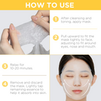 Instructions on how to use a facial mask with text and images of hands applying the mask and a person wearing it.