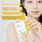 Woman holding a Mediheal Vita Essential Mask with text on skin benefits.
