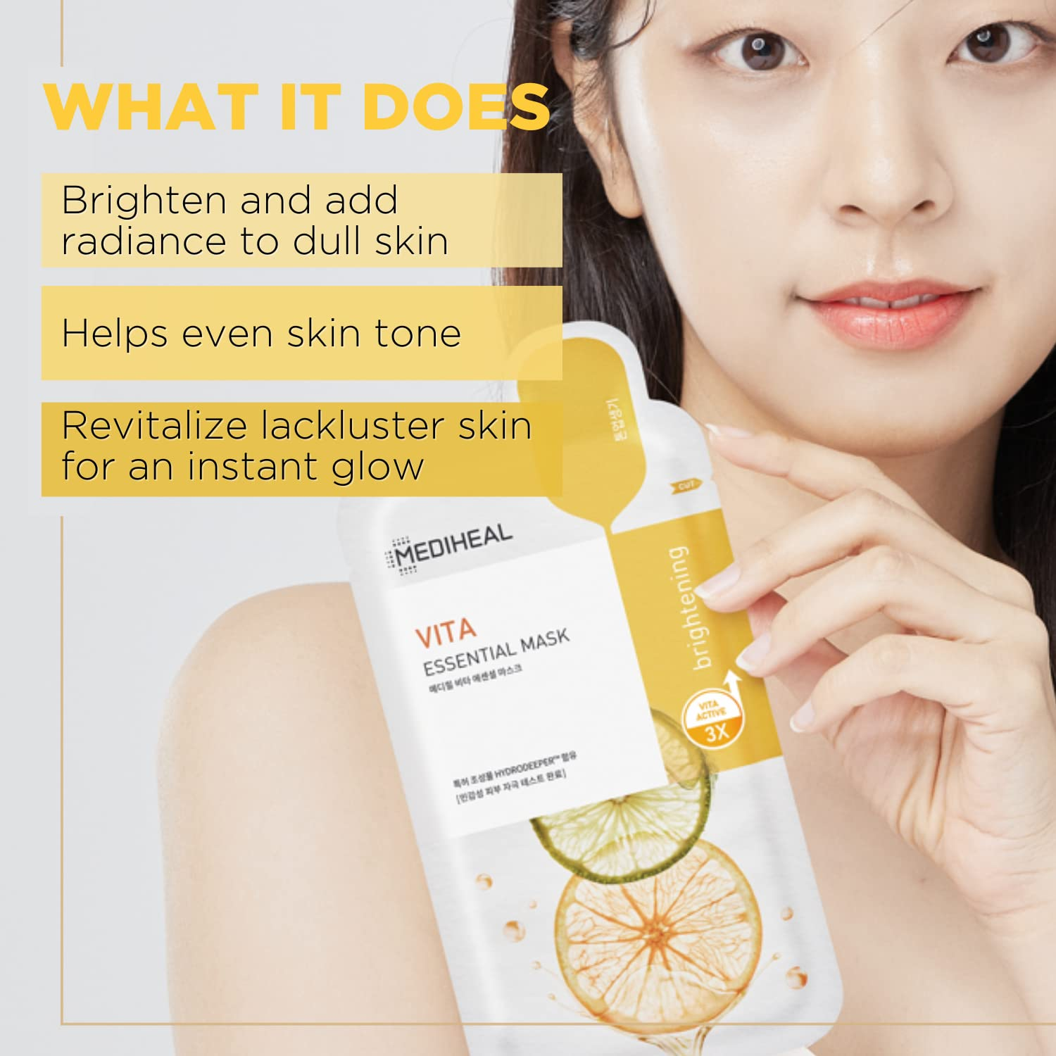 Woman holding a Mediheal Vita Essential Mask with text on skin benefits.