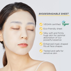 Woman wearing a face mask with biodegradable sheet features listed on a light gray background
