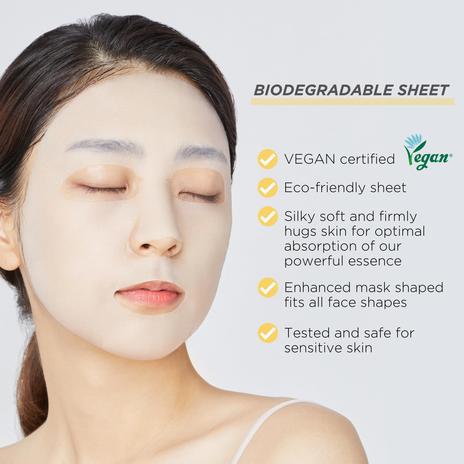 Woman wearing a face mask with biodegradable sheet features listed on a light gray background