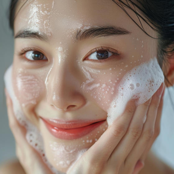 Woman applying soap to her face with a blurred background