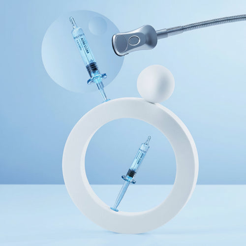 Intravenous drip with syringes on a light blue background