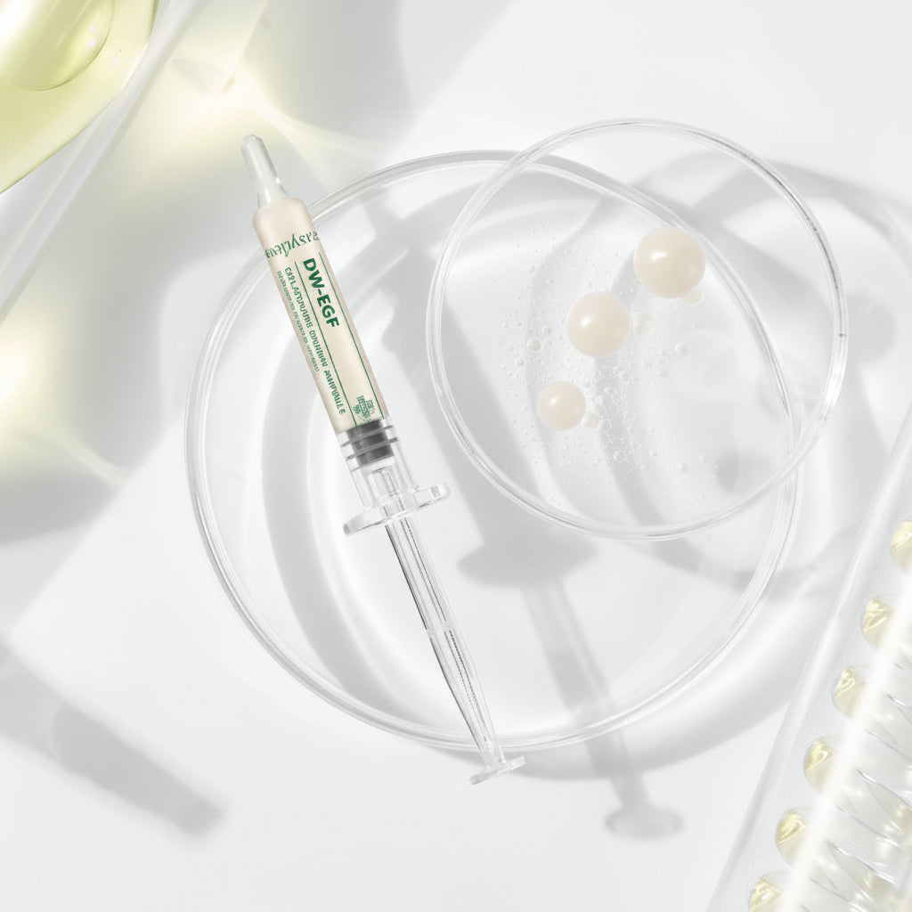 Skincare product with syringe and pearls on a soft white background