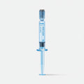 Blue medical syringe with a clear liquid on a white background