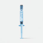 Blue medical syringe with a clear liquid on a white background