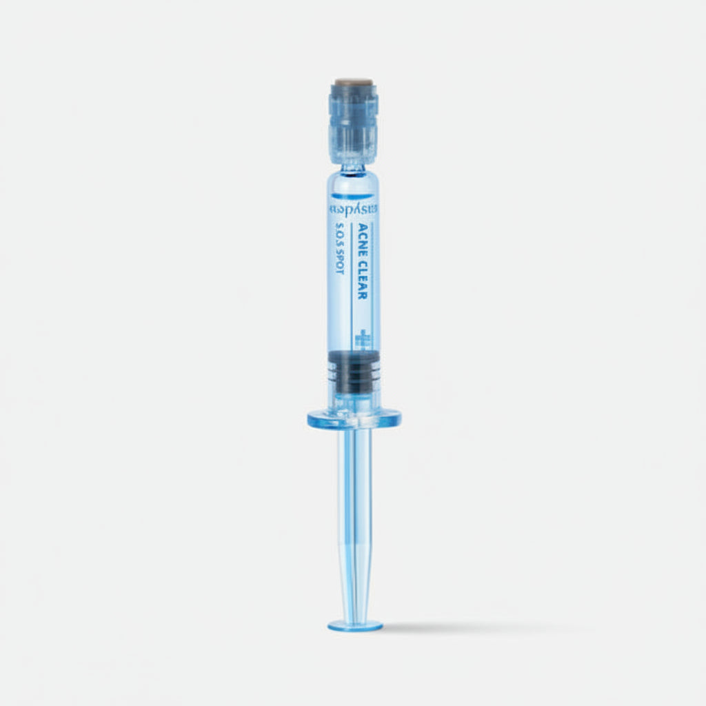 Blue medical syringe with a clear liquid on a white background