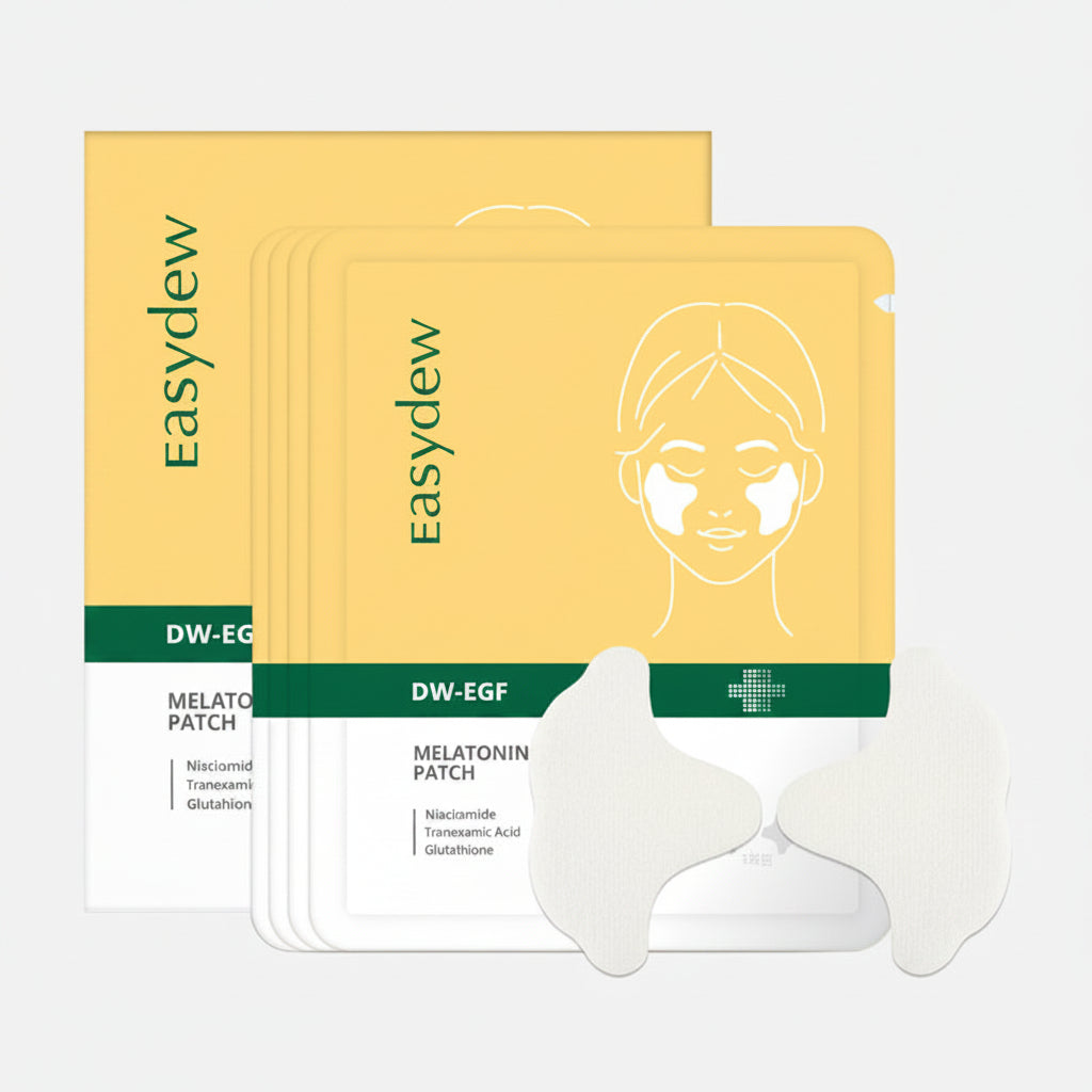 Two Easydew melatonin patches with packaging on a white background