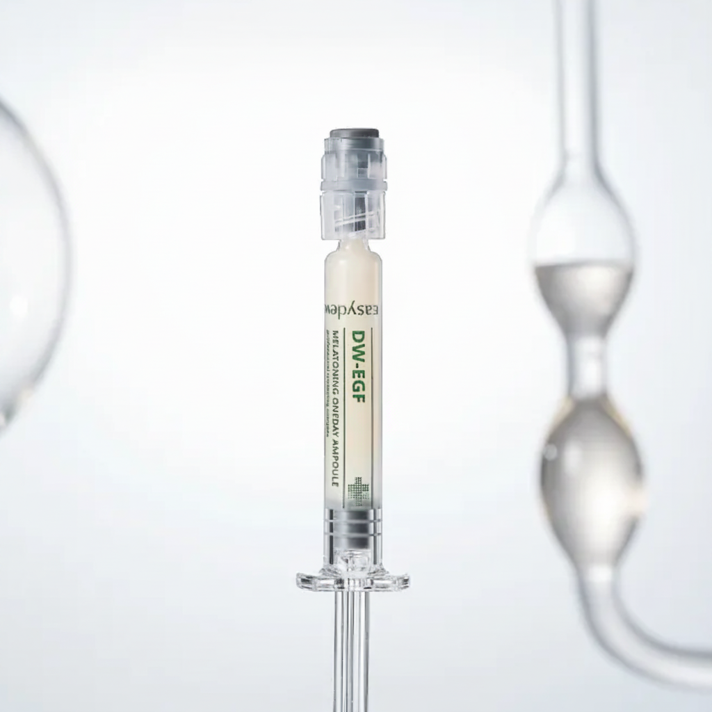 Skincare serum in a syringe with a blurred background
