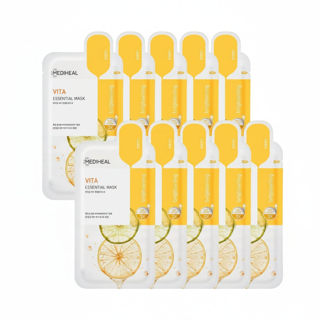 Multiple boxes of Mediheal Vita Essential Mask on a white background