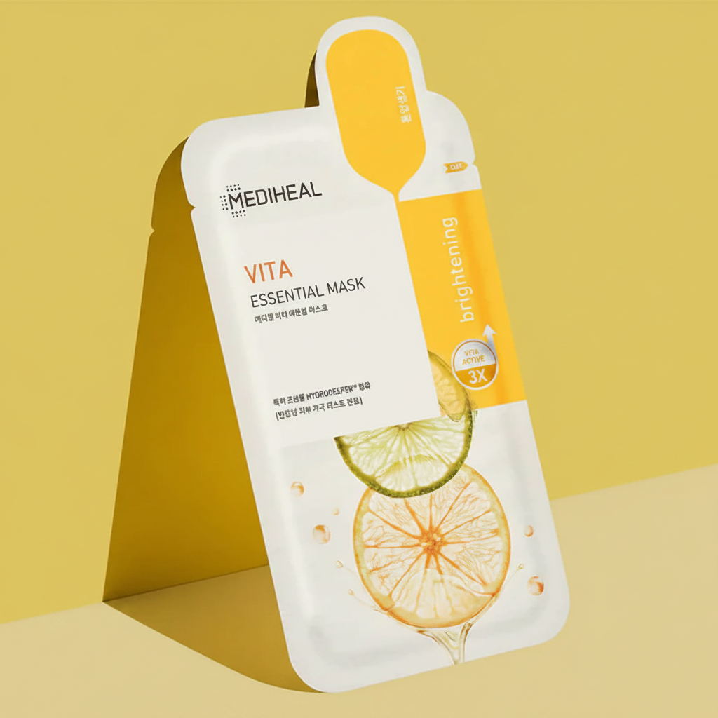 Mediheal Vita Essential Mask with lemon design on a yellow background