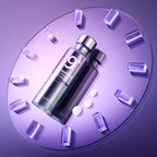 Cosmetic bottles and tablets on a purple circular platform with '9+' branding.