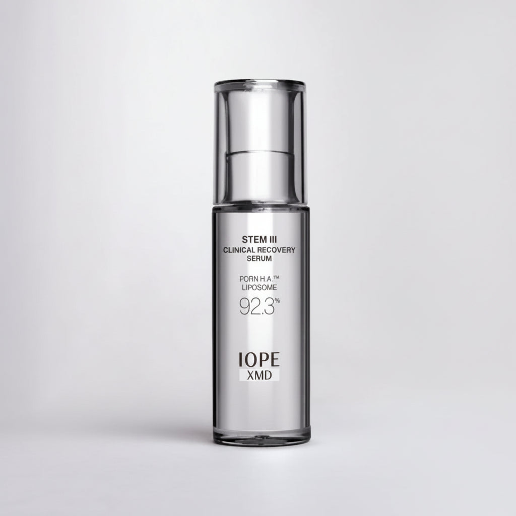 IOPE STEM III Clinical Recovery Serum bottle on a light gray background