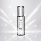 IOPE STEM III Clinical Recovery Serum bottle on a reflective surface with blurred lights in the background