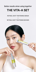 Woman using a skincare product with text about the Vita-A set on a white background