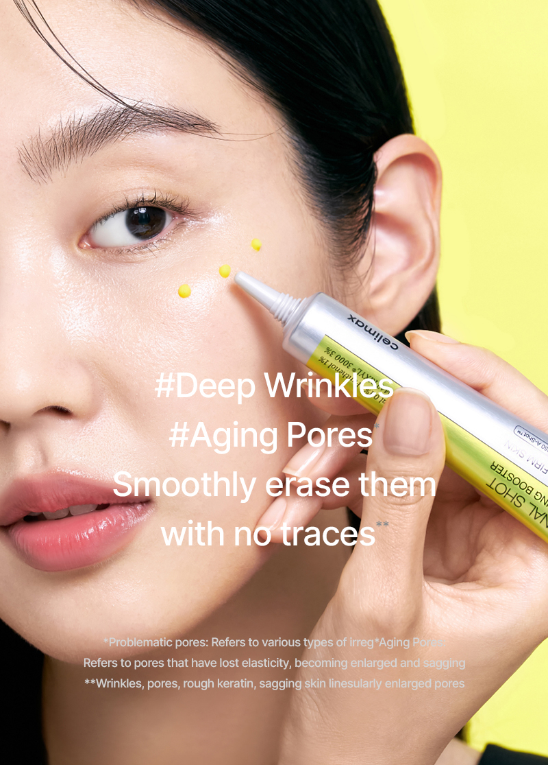 Person applying a cosmetic product to their face with text about deep wrinkles and aging pores.