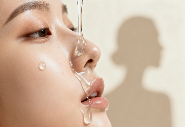 Close-up of a woman's face with droplets of water running down her cheeks against a neutral background.