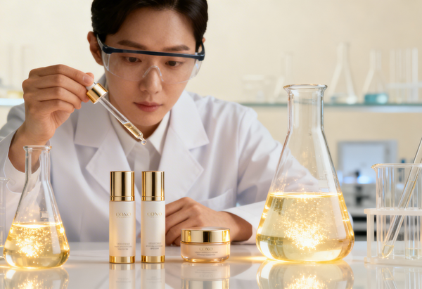 Person in a lab coat with scientific equipment and skincare products on a table.