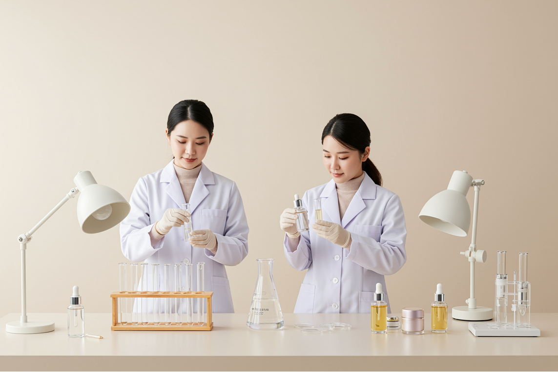 Two scientists in lab coats conducting experiments with various bottles and equipment on a beige background