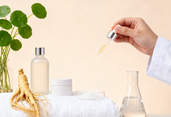 Hand holding a dropper with a beige background, featuring a bottle, jar, and plant.